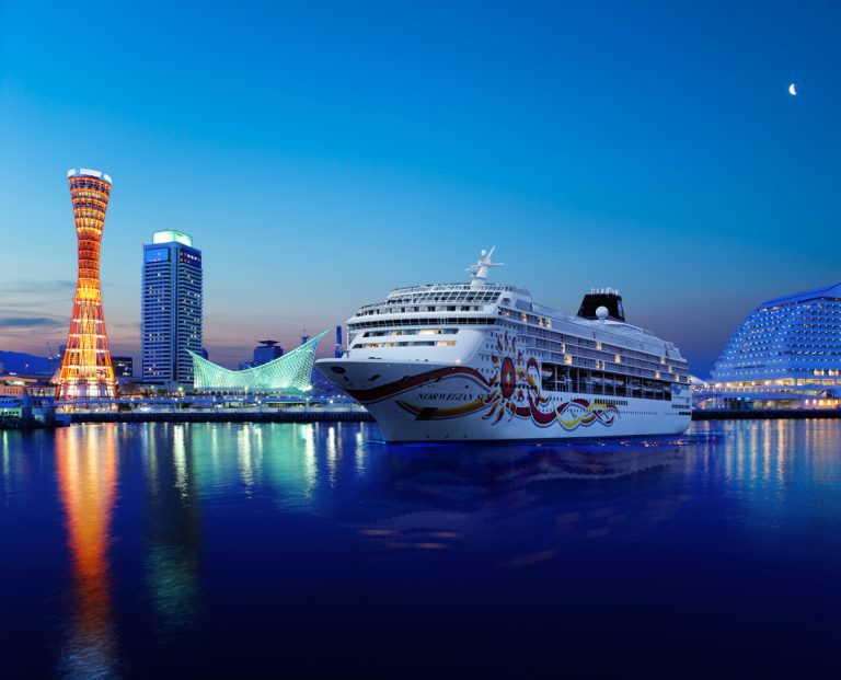 Norwegian Sun cruise ship docked with city skyline in background