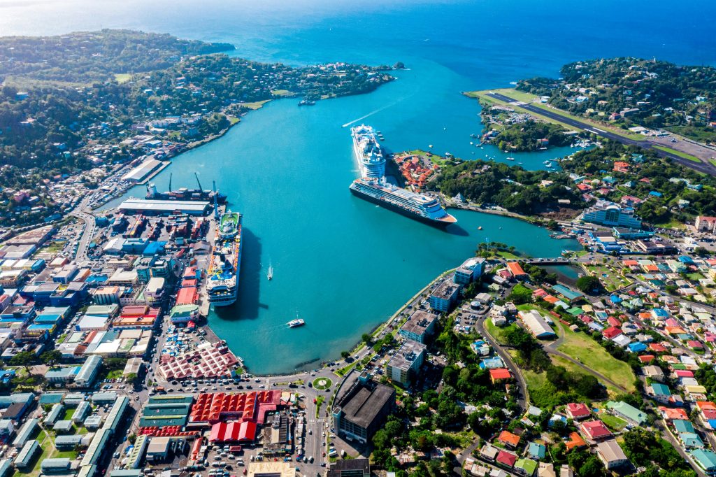 cruise ship docked at Caribbean port of call