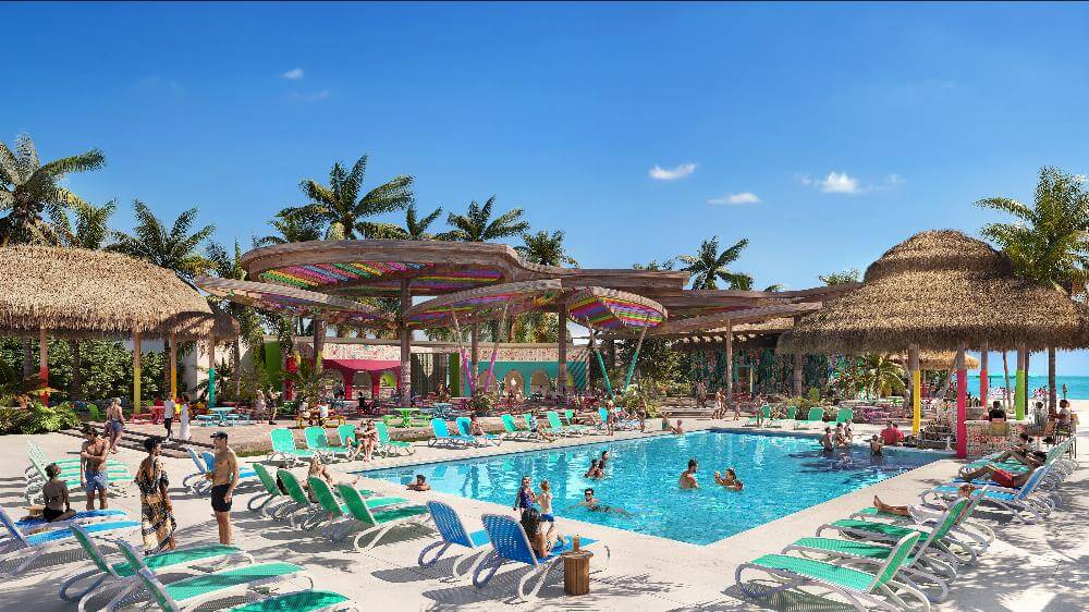 Royal Beach Club Cozumel pool area rendering with thatched roof structures swim-up bar and beach beyond