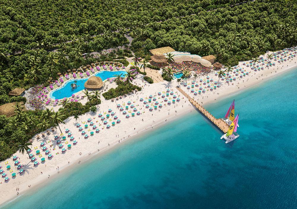 Aerial rendering of Royal Beach Club Cozumel white sand beach with teal loungers and turquoise Caribbean water