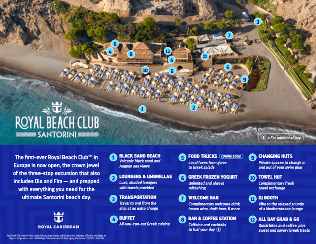 Royal Beach Club Santorini map showing beach club layout and amenities
