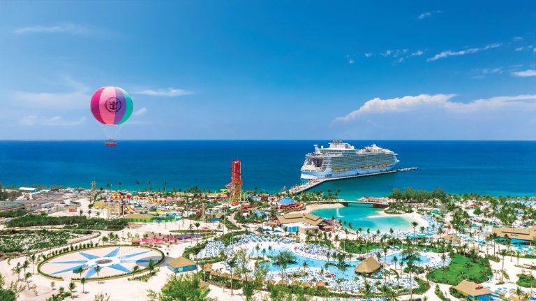 Perfect Day at CocoCay aerial view Royal Caribbean private island Bahamas with cruise ship and hot air balloon
