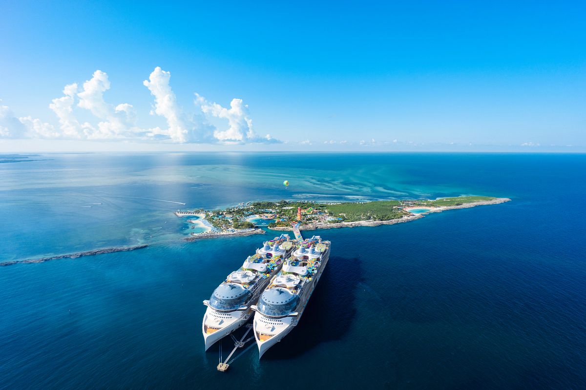 Icon of the Seas and Star of the Seas Royal Caribbean cruise ships at Perfect Day at CocoCay