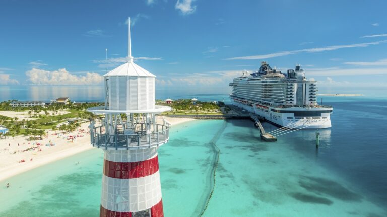 Ocean Cay Marine Reserve lighthouse and MSC Seashore docked at MSC's private island in the Bahamas