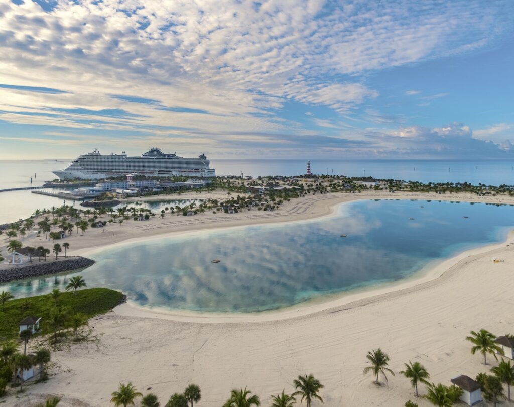  Aerial view of the beaches and lagoon at Ocean Cay
