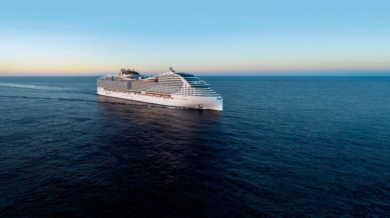 Cruising with anxiety — MSC cruise ship sailing calm open water at sunset