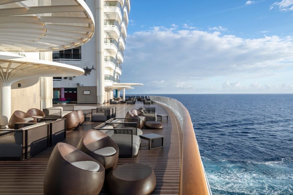 Quiet outdoor deck lounge on a cruise ship — an example of the two quiet places to scout on embarkation day