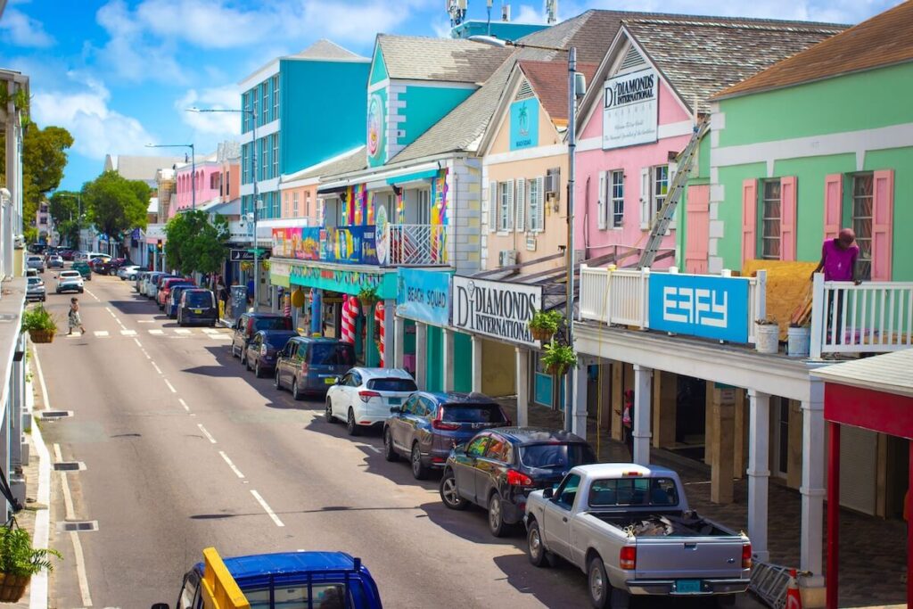 Nassau Bahamas street with licensed taxis for cruise passengers