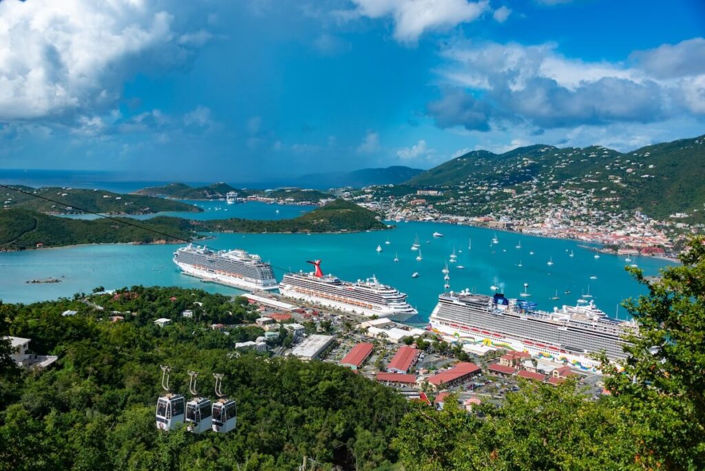 Aerial view of Charlotte Amalie harbor with cruise ships docked in St. Thomas, USVI