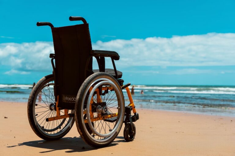 Empty wheelchair facing the ocean, representing cruising with a wheelchair