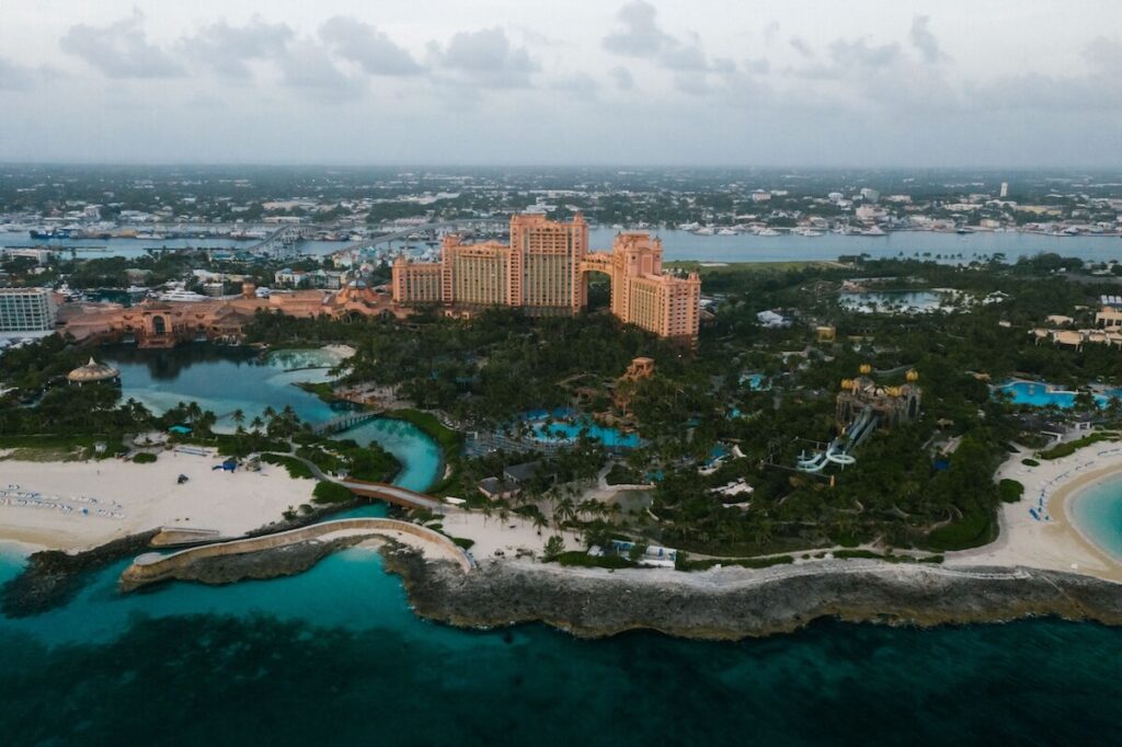 Aerial view of Atlantis Paradise Island resort near Nassau, Bahamas