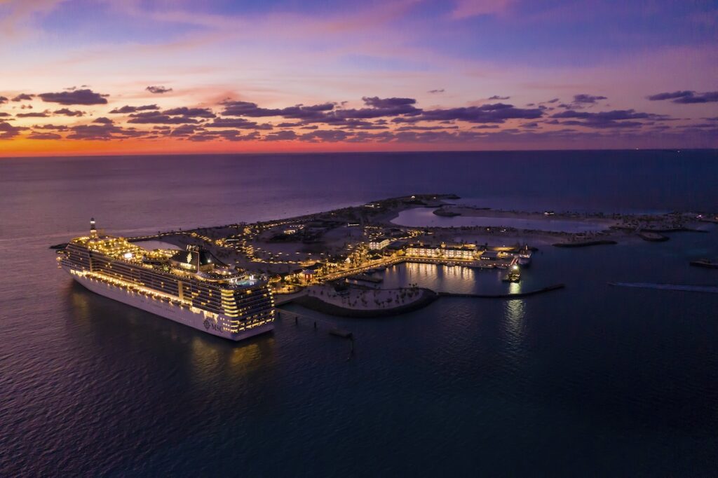 Sunset view of the MSC ship and Ocean Cay Marine Reserve