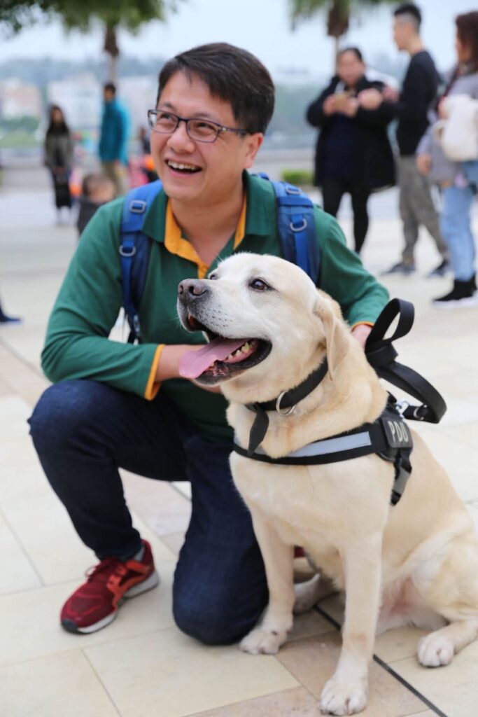 Handler kneeling beside a service dog wearing a working harness in a public plaza