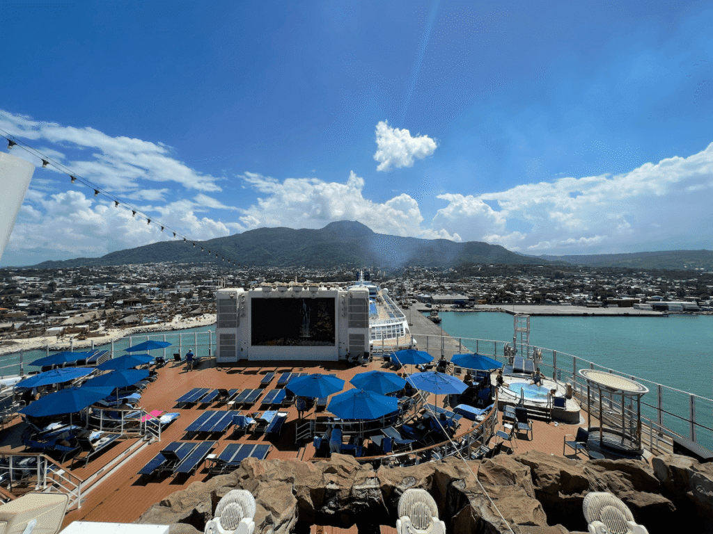 View from a cruise ship's pool deck of the Taino Bay cruise port and Puerto Plata, Dominican Republic