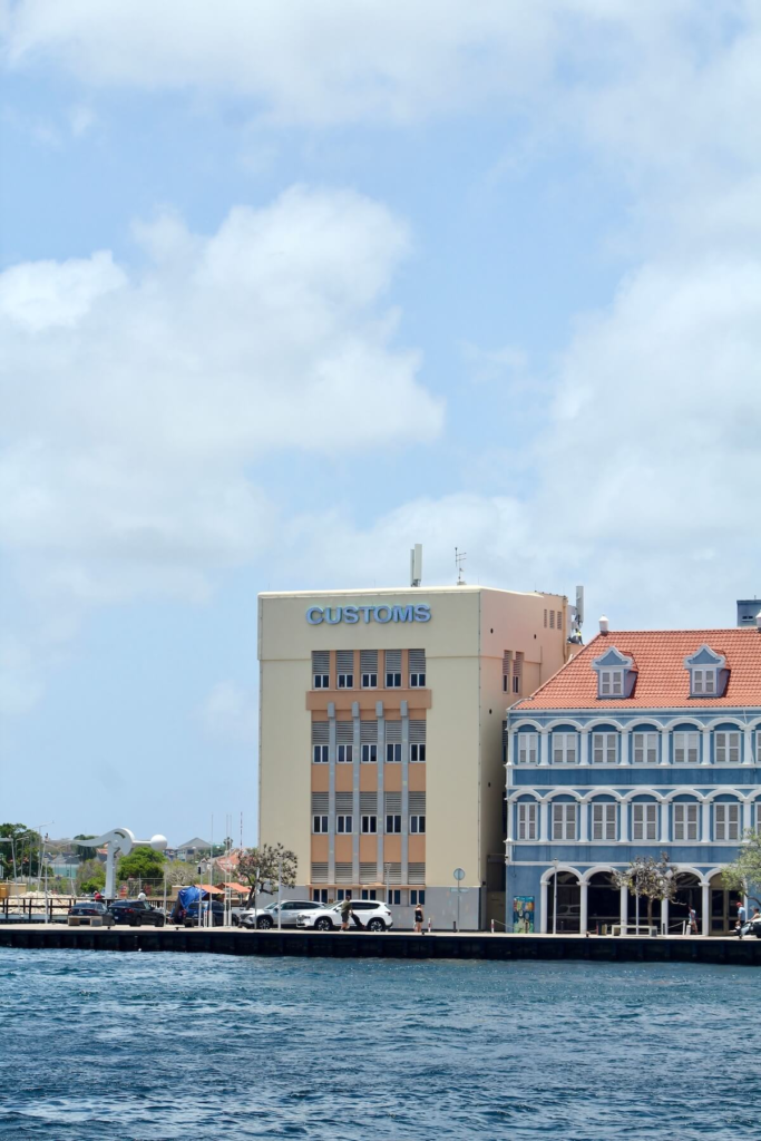 Curaçao customs building at the cruise port, viewed from the water
