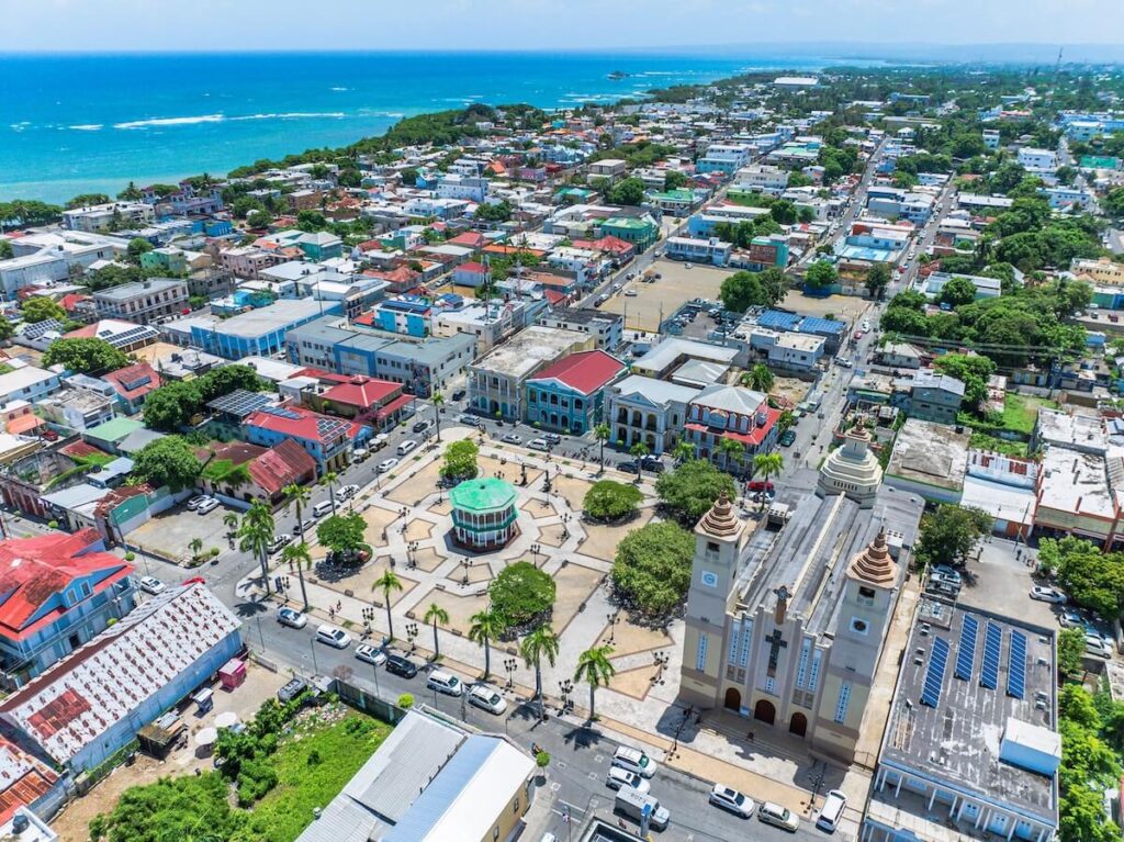 Aerial view of downtown Puerto Plata, Dominican Republic, with the historic Parque Central and cathedral